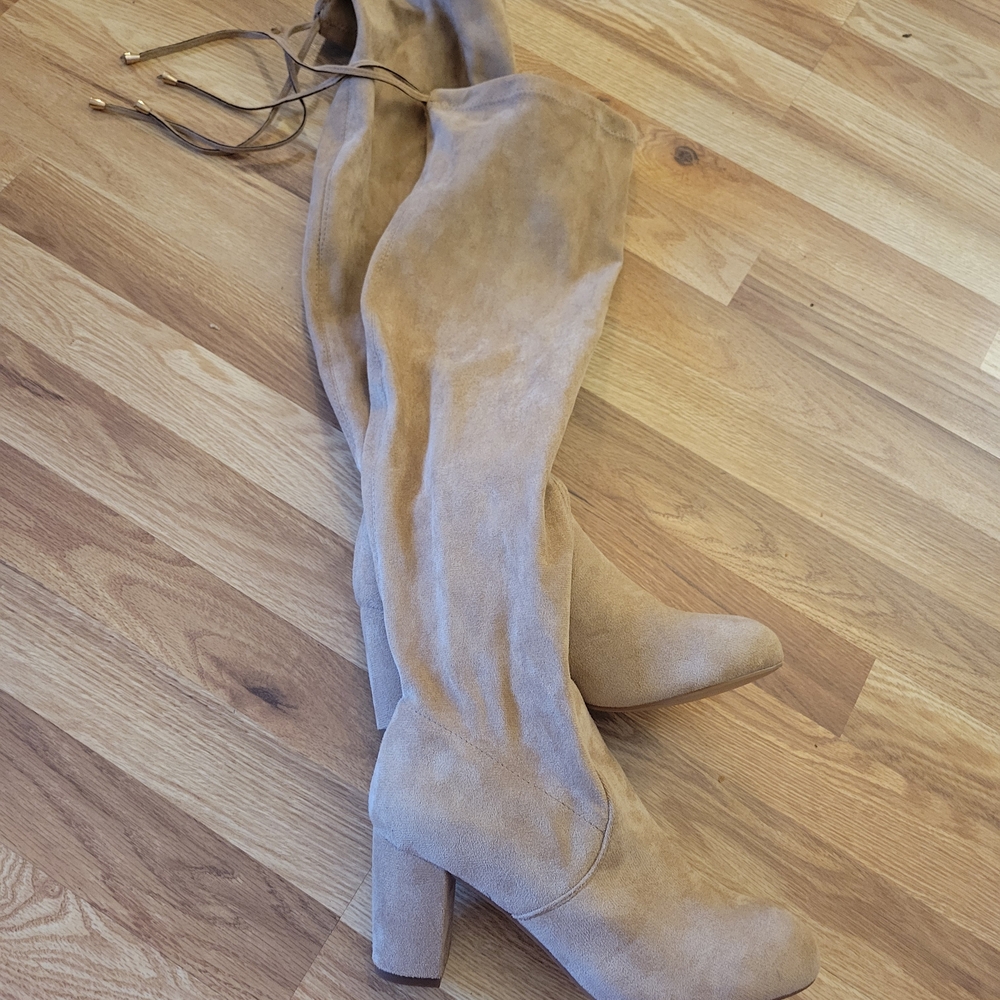 Vepose Aria Over The Knee Boots Taupe Faux Suede Chunky Heel 9
